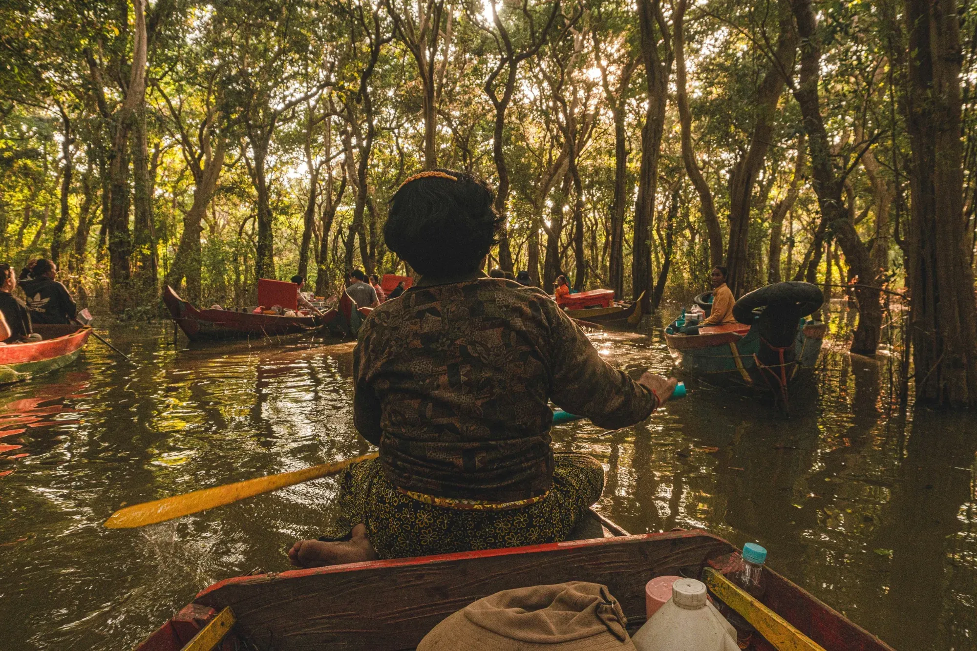 Guests in a canoe in the flooded forest at Kompong Phluk