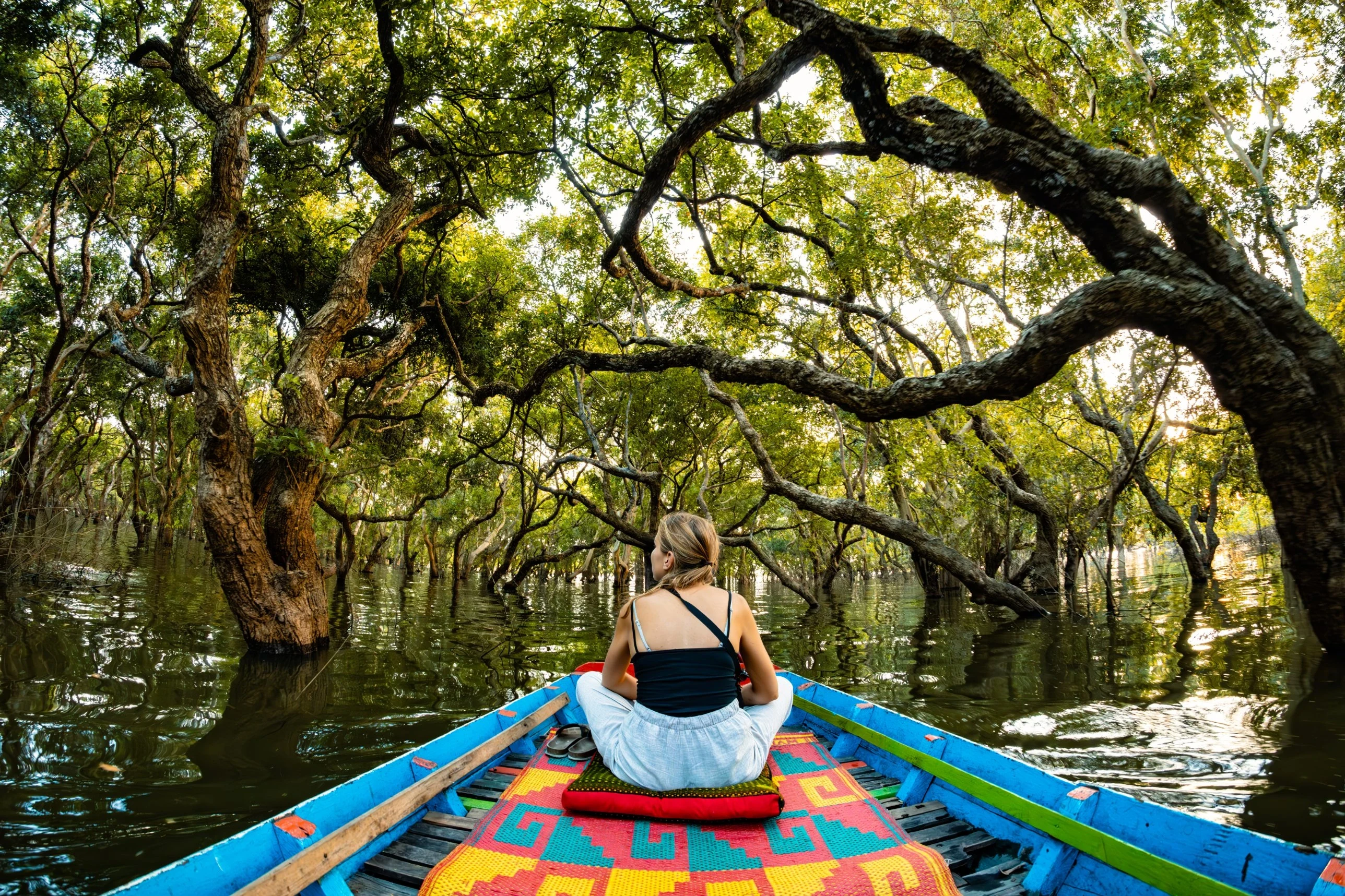 A guest in the bow of a wooden boat gliding between the trunks of the flooded forest