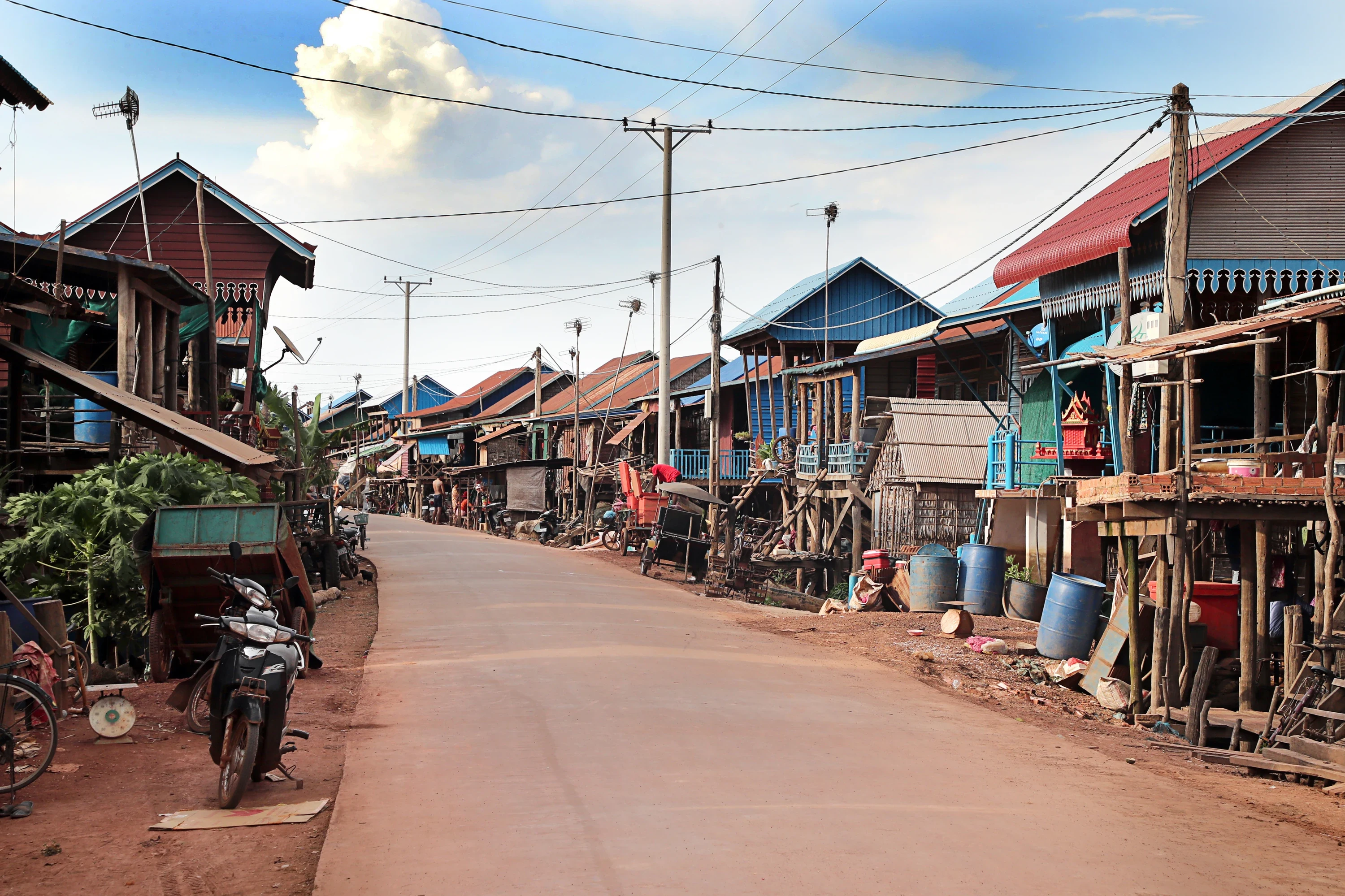 The main street of Kompong Khleang in the dry season, under the stilts