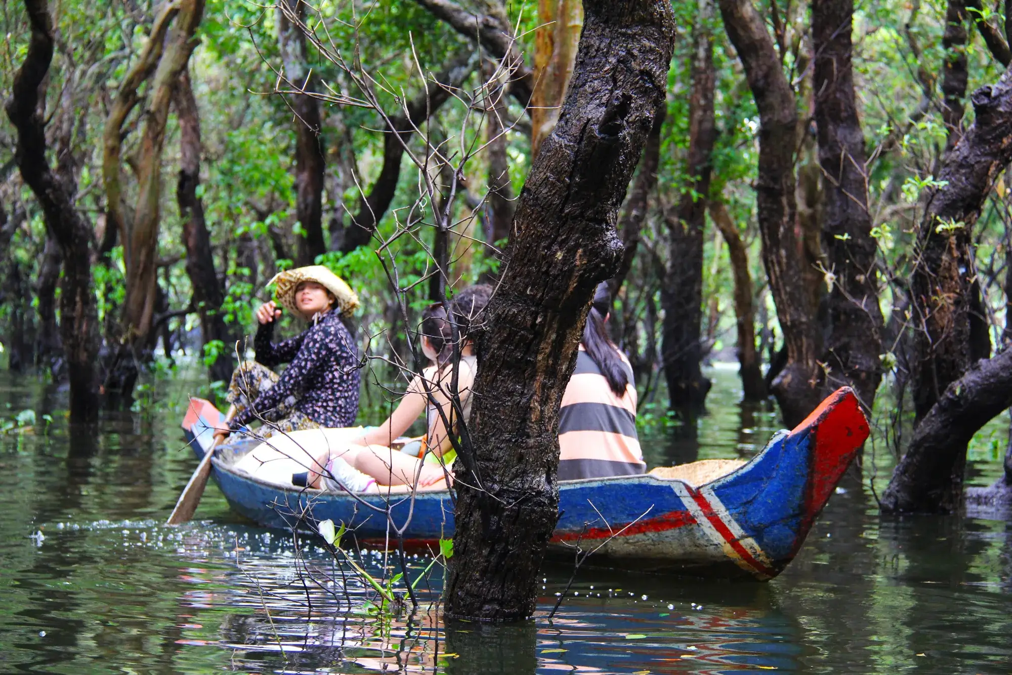 Two women paddle a canoe between flooded trees at Kompong Phluk