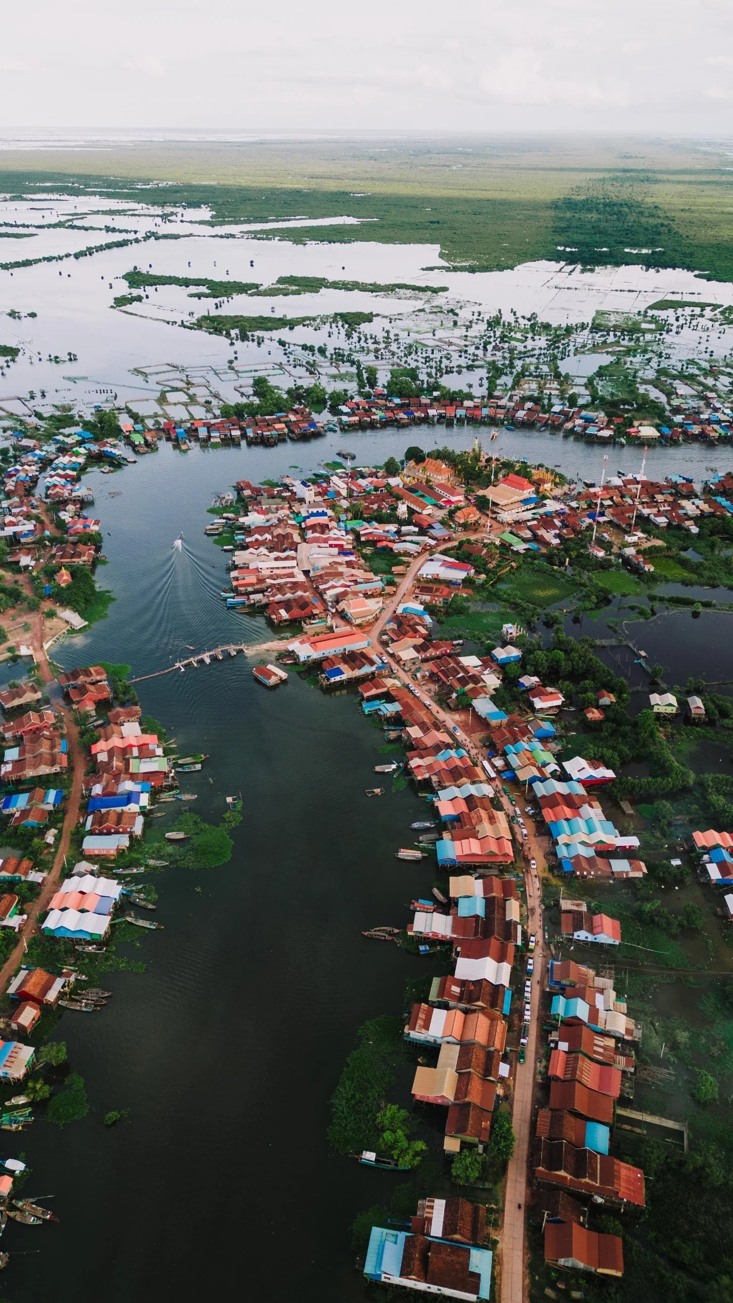 A floating village on Tonle Sap Lake from above
